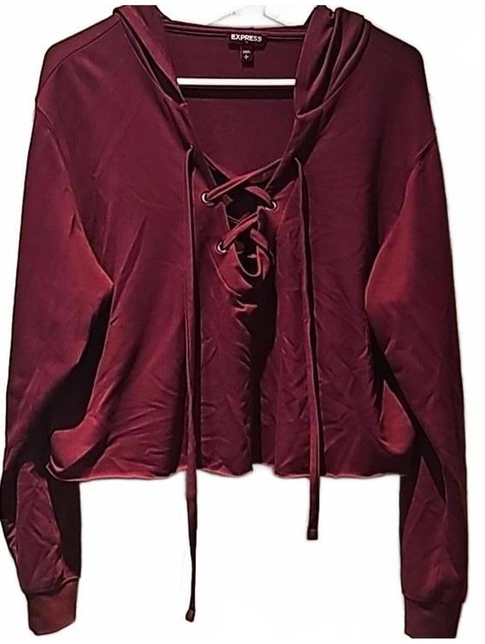 Express burgundy lace up cropped hoodie long sleeve.  Size S
